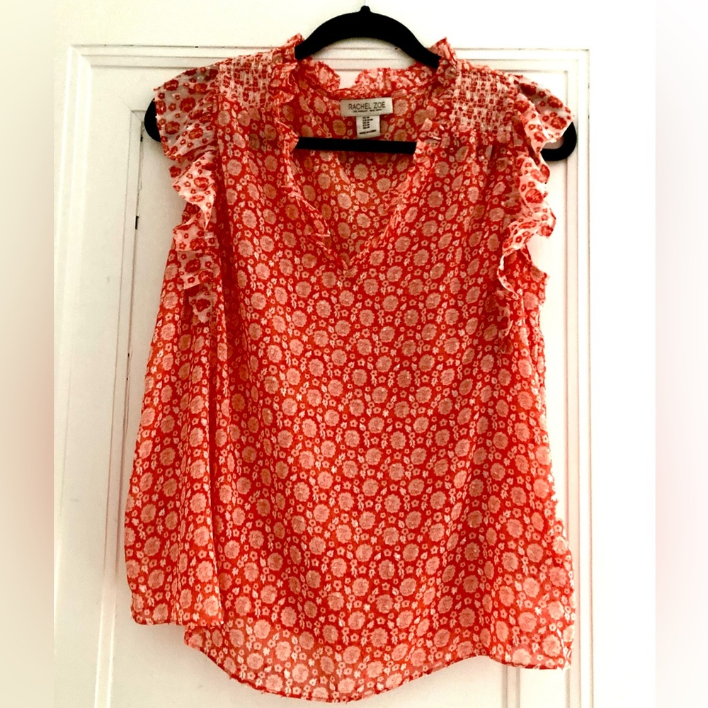 Rachel Zoe | Orange ruffle V neck sleeveless blouse with contrasting fab…